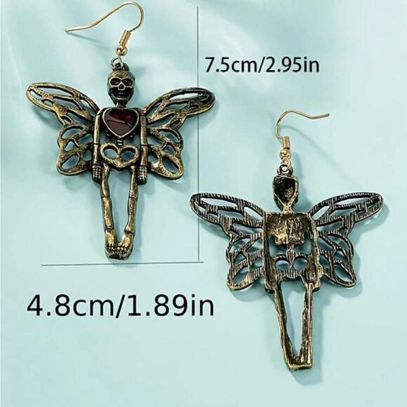 Gothic Vintage Inspired Antique Gold Tone Fairy Skeleton Earrings, Red S… - Picture 4 of 4